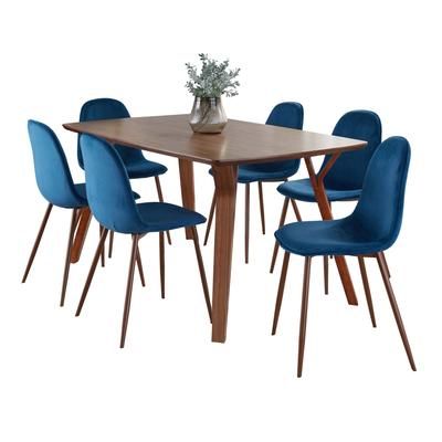 Folia Pebble Dining Set - 7 Piece by Lumisource in Walnut Blue Velvet
