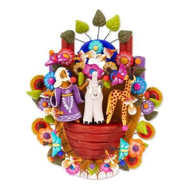 'Hand-Painted Ceramic Noah's Ark Sculpture from Mexico'