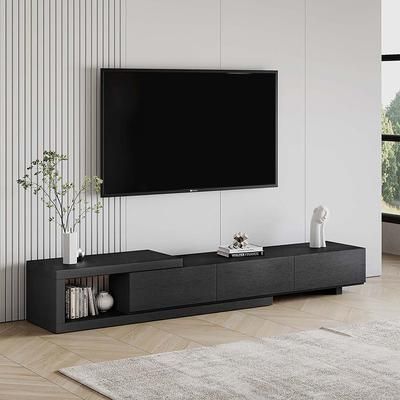 Modern Retractable Wood TV Stand with 3 Drawers, Open Storage, Oak and Black, 70.86"