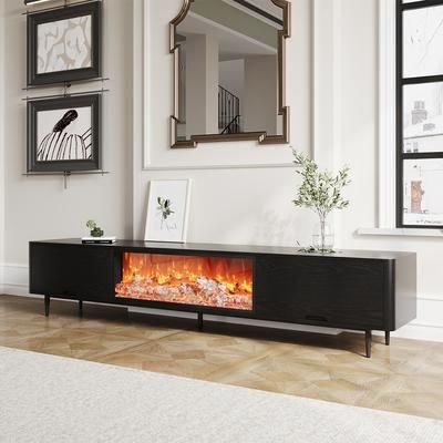 78.74" Modern Electric Fireplace TV Stand with LED Flame Effects, MDF, Black Media Console, Entertainment Center
