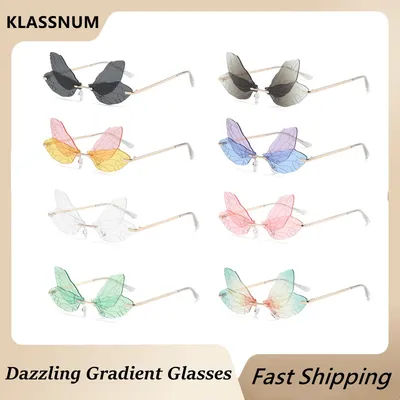 Lunettes de soleil papillon sans monture pour femmes, aile de libellule, lunettes de soleil vintage, lentille d'océan transparente, nuances de cyclisme, UV400, mode