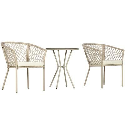 Set da giardino 2 poltrone con cuscini e tavolino in vetro e rattan PE