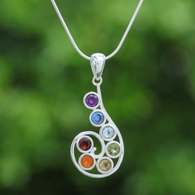 Seven Centers,'Chakra-Themed Spiral Multi-Gemstone Pendant Necklace'