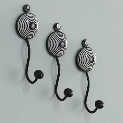 'Set of 3 Ceramic Coat Hooks with Hand-Painted Spiral Motifs'