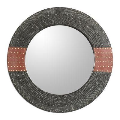Ahoufe Dots,'Dotted Wood and Aluminum Round Wall Mirror from Ghana'
