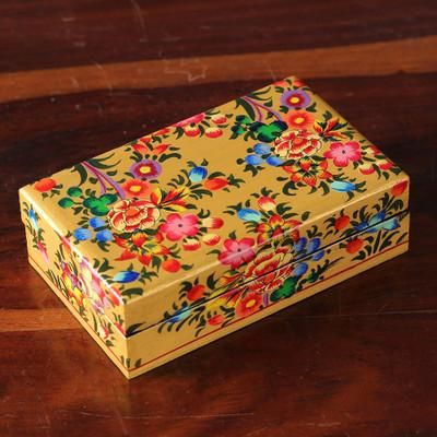 Golden Scenes,'Floral Hand-Painted Yellow Papier Mache Decorative Box'