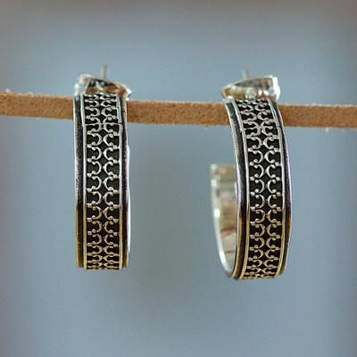 Elegant Fretwork,'Classic Embossed Taxco Silver Half-Hoop Earrings'