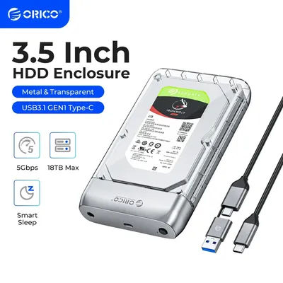 ORICO 3.5-inch Transparent Type-C 5Gbps Hard Drive Enclosure Metal Hard Drive Enclosure Support Auto Hibernation for PC Laptops