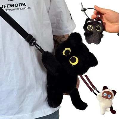 Kawaii Black Cat Plush Fashion Bag Cute Doll Fur Shoulder Bag Women Crossbody Bag Phone Coin Purse Case Gift for Girlfriend
