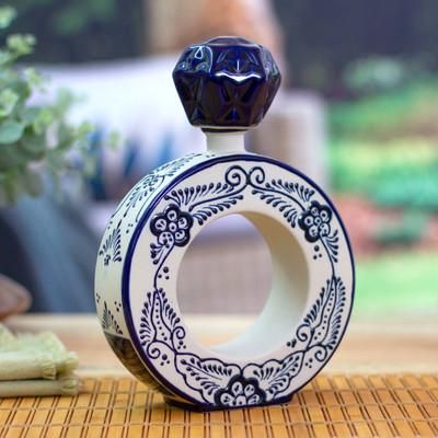'Painted Ring-Shaped Blue and White Ceramic Tequila Decanter'