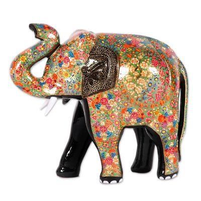 Royal Greeting,'Hand-Painted Floral Elephant Papier Mache Sculpture'
