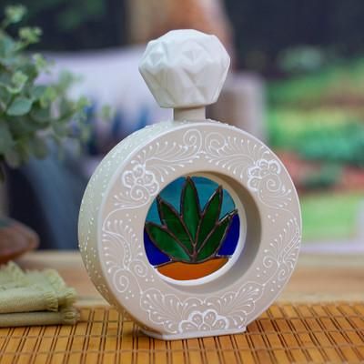 'Painted Ring-Shaped Ivory and White Ceramic Tequila Decanter'
