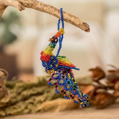 'Colorful Glass Beaded Peacock-Themed Ornament from Guatemala'