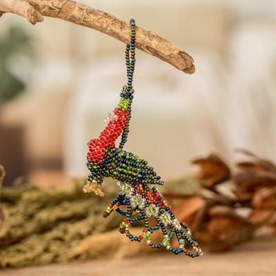 Rainbow Peacock Splendor,'Multicolored Glass Beaded Peacock Ornament from Guatemala'