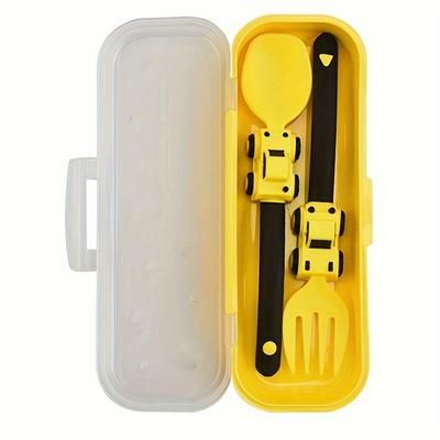 TEMU 1pc, Kids Utensil Set With Fork And Spoon, Engineering Vehicle Theme, Pp Material, Portable Design, Dishwasher Safe, With Storage Box, Ideal For Home And Travel Use