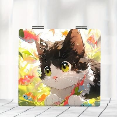 TEMU 1pc Portable Pocket Makeup Mirror, Foldable Hd Cute Cartoon Kitten Series Small Mirror, Outdoor Personal Care Supplies, Small Mirror Gift