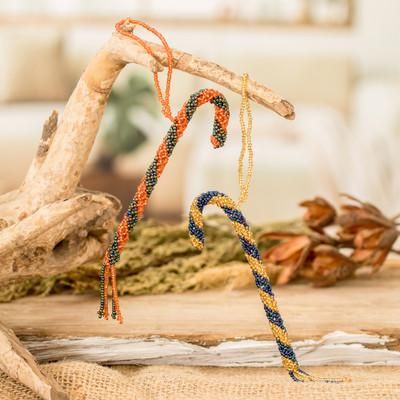 'Two Glass Beaded Candy Cane-Themed Ornaments from Guatemala'