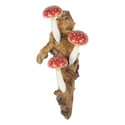 'Wood Wall Art with Hand-Painted Mushrooms Crafted in Bali'