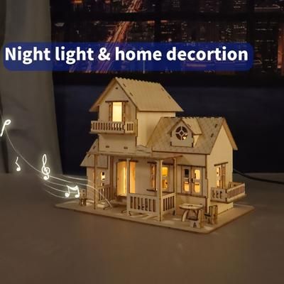 TEMU 3d Wooden Puzzle Sweet Home Music Box Craft Model Dollhouse Kits Diy House Building With Led Night Lights Gifts For Christmas