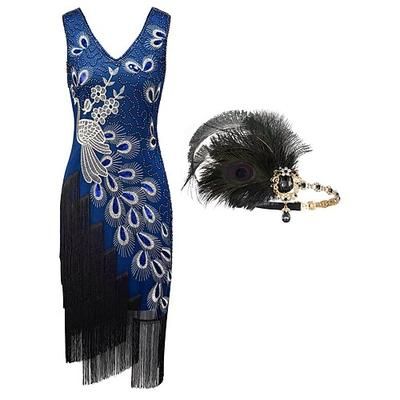 Anni Ruggenti Anni 1920 Lunghezza al ginocchio Abito Flapper Fascia Flapper Senza maniche Il grande Gatsby Ragazza Flapper Invitato al matrimonio Paillettes Frangia con nappe Piuma Scollo a V Costume