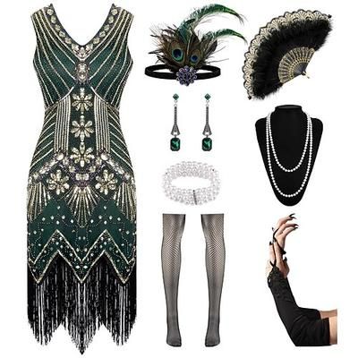 Anni Ruggenti Anni 1920 Lunghezza al ginocchio Abito Flapper Abiti Set di accessori Senza maniche Il grande Gatsby Ragazza Flapper Invitato al matrimonio Paillettes Frangia con nappe Scollo a V