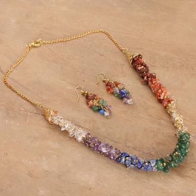 'Gold-Toned Multi-Gemstone Necklace and Earrings Jewelry Set'