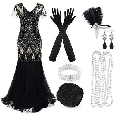 Anni Ruggenti Anni 1920 Lunghezza al pavimento Lunghezza al ginocchio Vestito Abito da sera Abiti Maniche corte Il grande Gatsby Charleston Invitato al matrimonio Paillettes Frangia con nappe Piuma