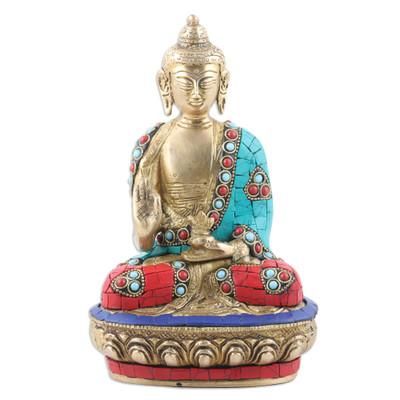 Spiritual Wealth,'Handcrafted Beaded Brass Sculpture of Buddha (Medium)'