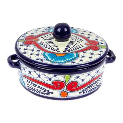 Marvelous Flowers,'Mexican Talavera Style Blue and Red Ceramic Tortilla Warmer'
