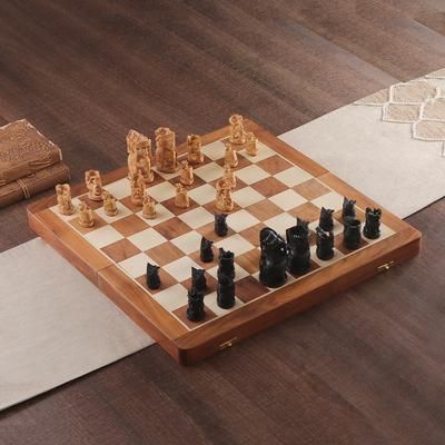 'Hand-Painted Brown and Black Wood Chess Set from India'