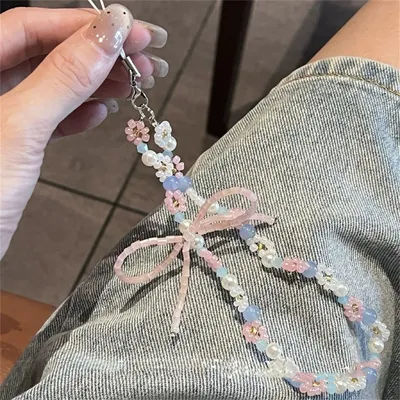 Girl's Sweet Phone Hanging Rope Bow Beaded Bracelet Pendant CCD Camera Pendant Accessories Bag Pendant Earphone Cover