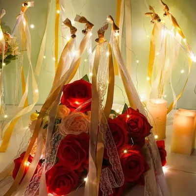 10/30/50/80Pcs Wedding Ribbon Fairy Wands With Lights Glow in the Dark Silk Streamers Bell Flashing Lace Stick for Wedding Party