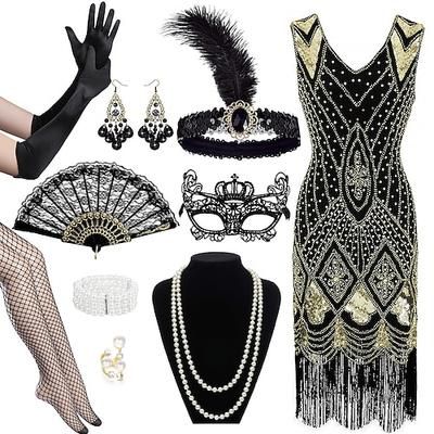 Anni Ruggenti Anni 1920 Lunghezza al ginocchio Abito Flapper Abiti Abito da Ballo Senza maniche Il grande Gatsby Charleston Invitato al matrimonio Paillettes Frangia con nappe Piuma Scollo a V Costume