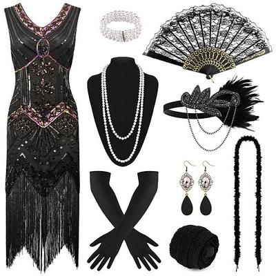 Anni Ruggenti Anni 1920 Lunghezza al ginocchio Vestito Abito Flapper Abiti Senza maniche Il grande Gatsby Charleston Invitato al matrimonio Paillettes Frangia con nappe Piuma Scollo a V Costume Per
