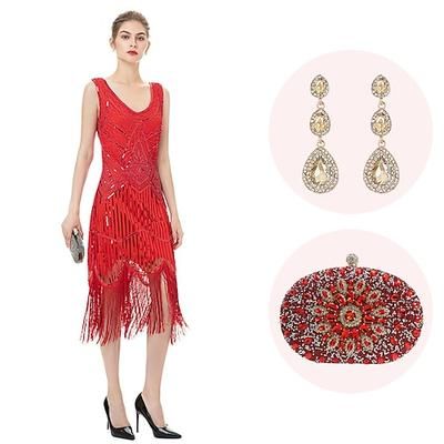 Anni Ruggenti Anni 1920 Lunghezza al ginocchio Abito Flapper Abiti Senza maniche Il grande Gatsby Invitato al matrimonio Paillettes Frangia con nappe Scollo a V Costume Per donna Natale Carnevale