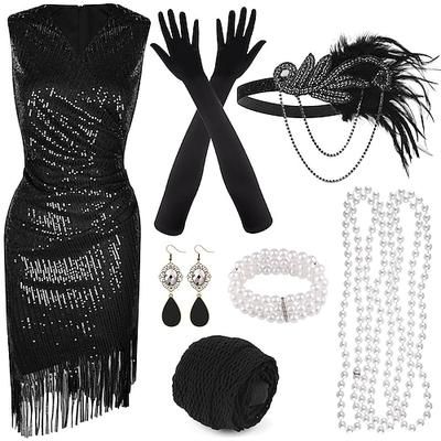 Anni Ruggenti Anni 1920 Lunghezza al ginocchio Vestito Abito Flapper Abiti Senza maniche Il grande Gatsby Charleston Invitato al matrimonio Paillettes Frangia con nappe Piuma Scollo a V Costume Per