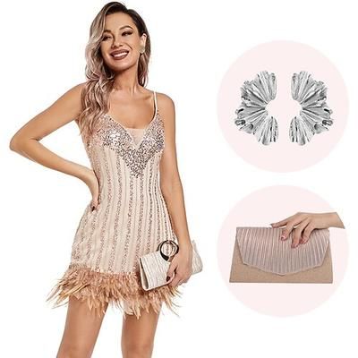 Anni Ruggenti Anni 1920 Mini Abito Flapper Abiti Senza maniche Il grande Gatsby Invitato al matrimonio Paillettes Piuma Scollo a V Costume Per donna Natale Carnevale Mascherata Festa serale Halloween