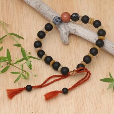 Interior Mystery,'Adjustable Inspirational Onyx and Obsidian Beaded Bracelet'