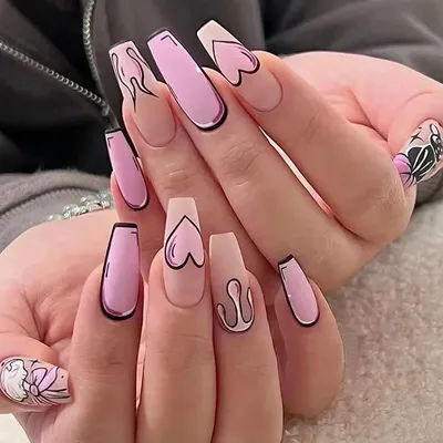 24 pièce/ensemble Long Ballet rose coeur français géométrique chat dessin animé modèles imprimés couverture complète portable faux ongles presse sur Nail Art