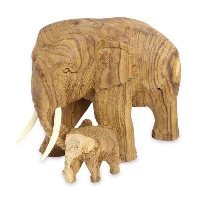 Mother and Baby Elephant,'Original Carved Teak Wood Mother and Baby Elephant Sculpture'