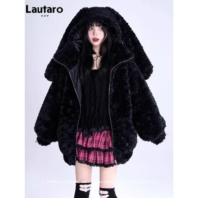 Lautaro-Manteau en fausse fourrure avec oreilles de lapin pour femme, veste chaude, sweat à capuche flou et moelleux, doux et mignon, belle optique, noir doux, automne et hiver 2023
