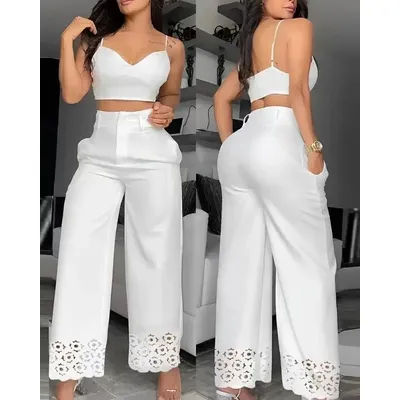 Ensemble 2 pièces pour femmes, tenue décontractée, col en v, haut court et blanc, mode, ajouré, jambes larges, taille haute, pantalon, 2024