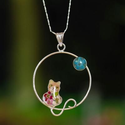 'Moon and Cat-Themed Natural Flower Round Pendant Necklace'