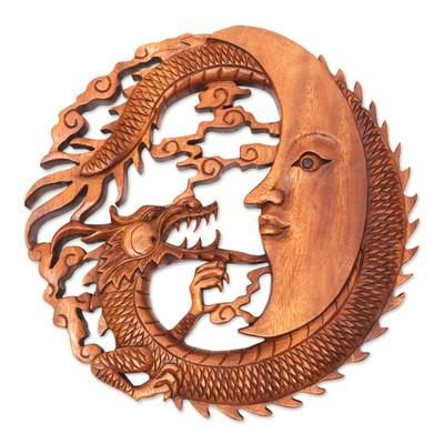 Dragon Knight,'Dragon and Moon Wood Relief Panel Hand-Carved in Bali'