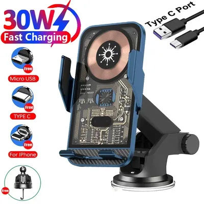 30W Car Wireless Charger Auto Mount Phone Holder For iPhone 15 14 13 12 Samsung Xiaomi Infrared
