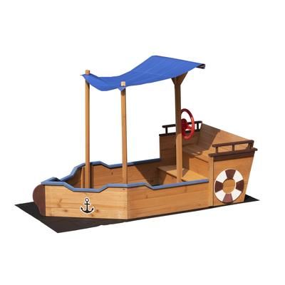 TEMU Pirate Ship Sandbox With Cover And Rudder, Wooden Sandbox With Storage Bench And Seat, Outdoor Toy For Kids Ages 3-8 Years OldÂ