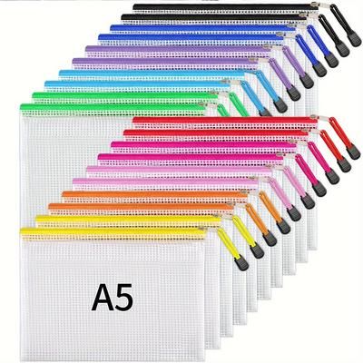 TEMU 15pcs A5 Zippered Mesh File Bags In 10 Colors - Waterproof Pvc, Office Supplies & Cosmetic Travel Storage