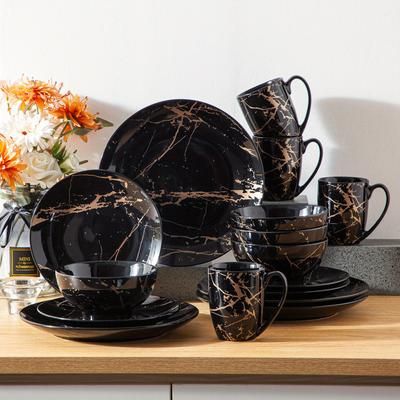 TEMU 16pcs Porcelain Gold Ceramic Dinnerware Sets With , Dessert Plate, Cereal Bowl And Mugs, Service For 4