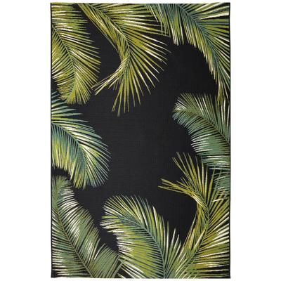 Marina Palm Border Indoor/Outdoor Area Rug Aqua by Brylane Home in Black (Size 1'11"X7'6")