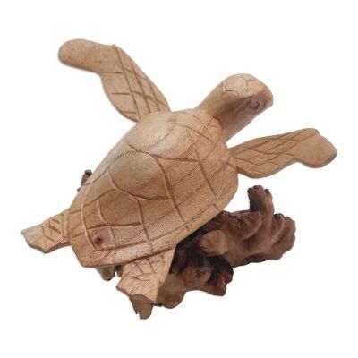 Turtle Current,'Hand-Carved Ocean Turtle Jempinis Wood Tree Sculpture'